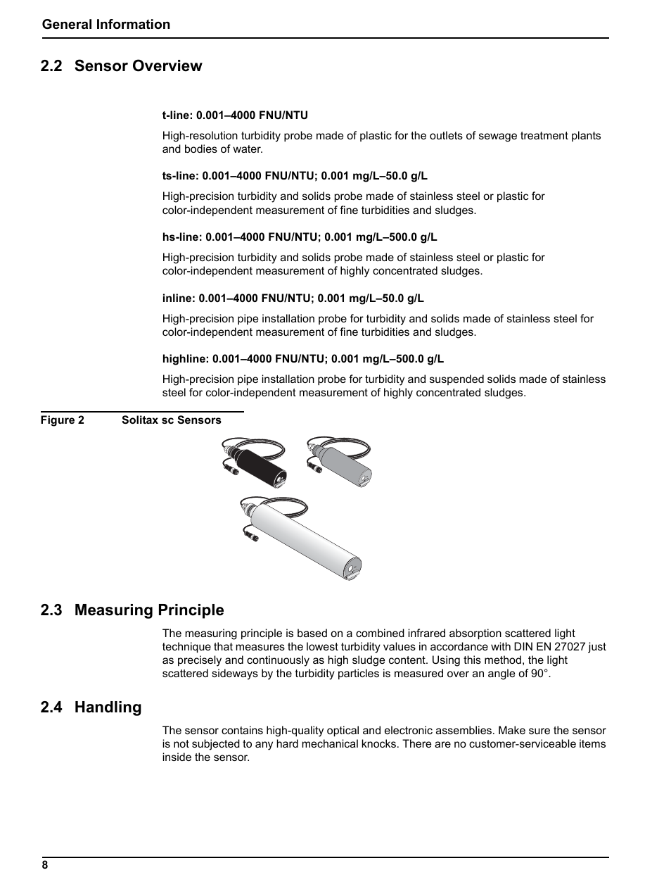 2 sensor overview, 3 measuring principle, 4 handling | Hach-Lange SOLITAX sc User Manual | Page 8 / 30