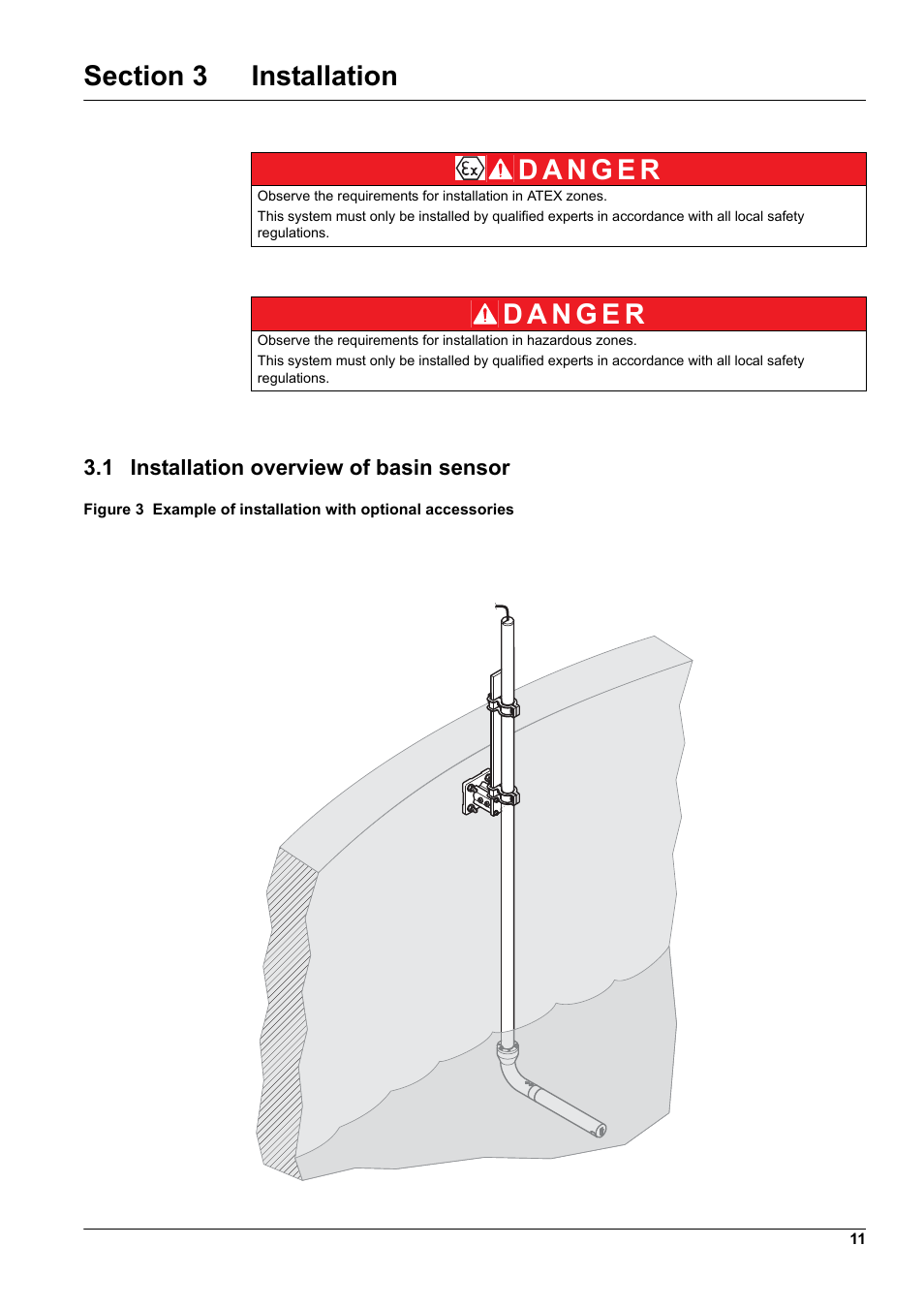 Section 3 installation, 1 installation overview of basin sensor | Hach-Lange TSS EX1 sc User Manual | Page 11 / 36