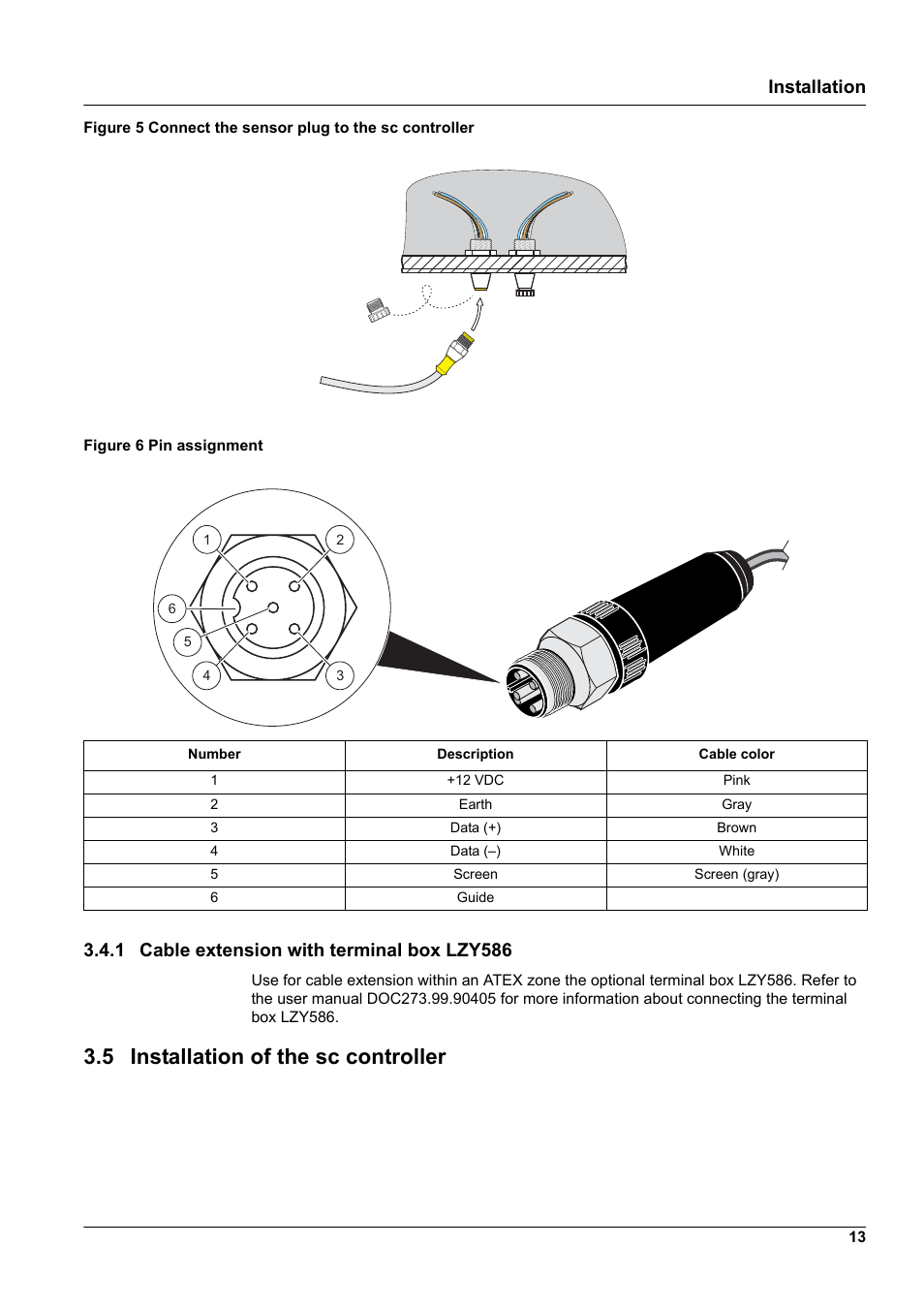 1 cable extension with terminal box lzy586, 5 installation of the sc controller, Installation | Hach-Lange TSS EX1 sc User Manual | Page 13 / 36