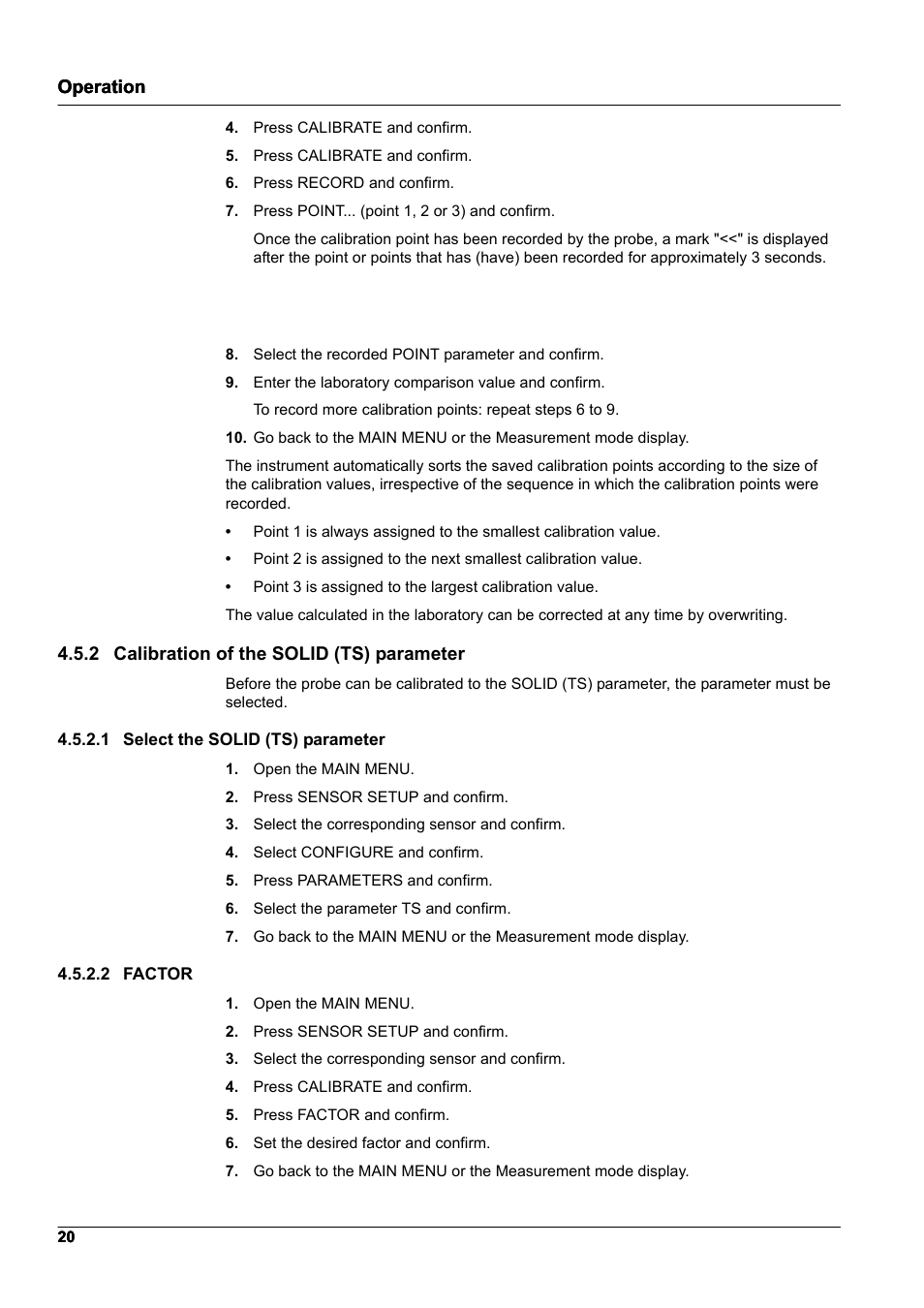 2 calibration of the solid (ts) parameter, 1 select the solid (ts) parameter, 2 factor | 1 select the solid (ts) parameter 4.5.2.2 factor, 2 calibration of, The solid (ts) parameter, Operation | Hach-Lange TSS EX1 sc User Manual | Page 20 / 36