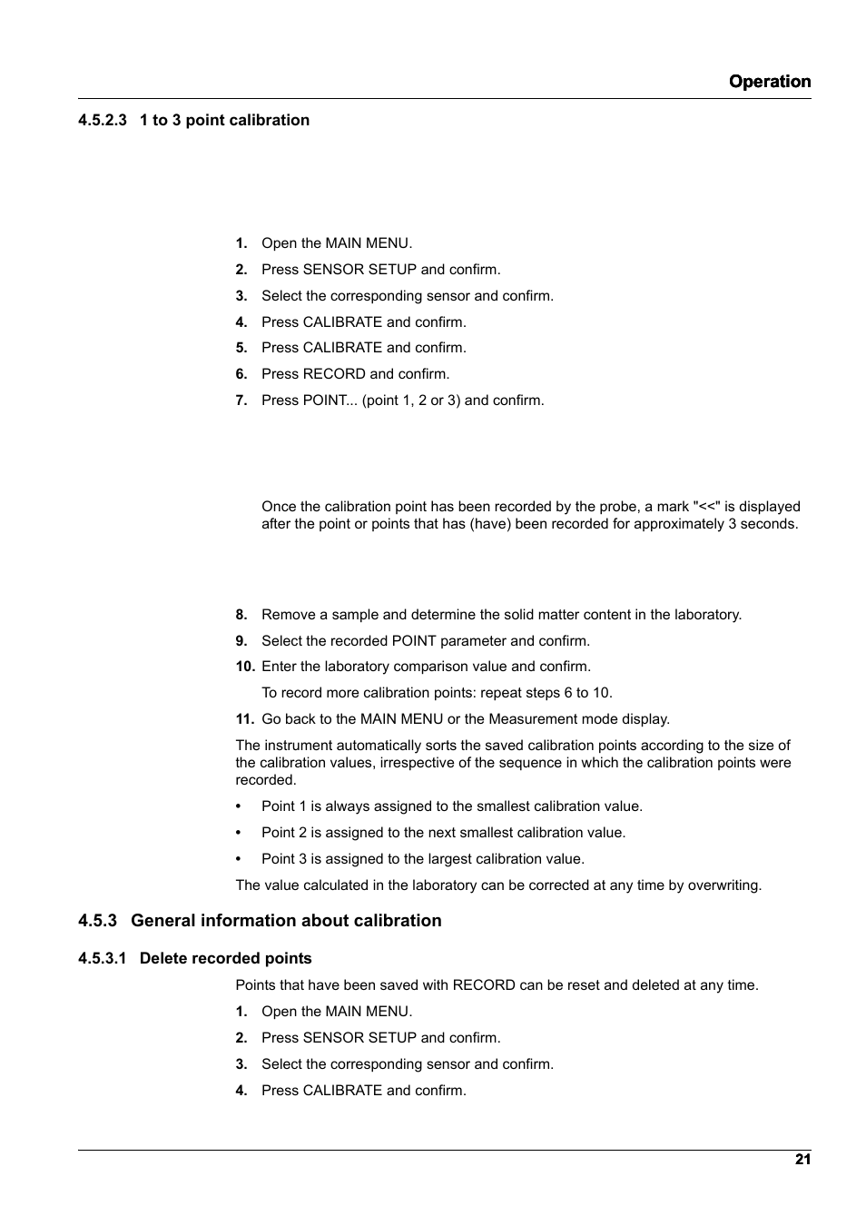 3 1 to 3 point calibration, 3 general information about calibration, 1 delete recorded points | Operation | Hach-Lange TSS EX1 sc User Manual | Page 21 / 36