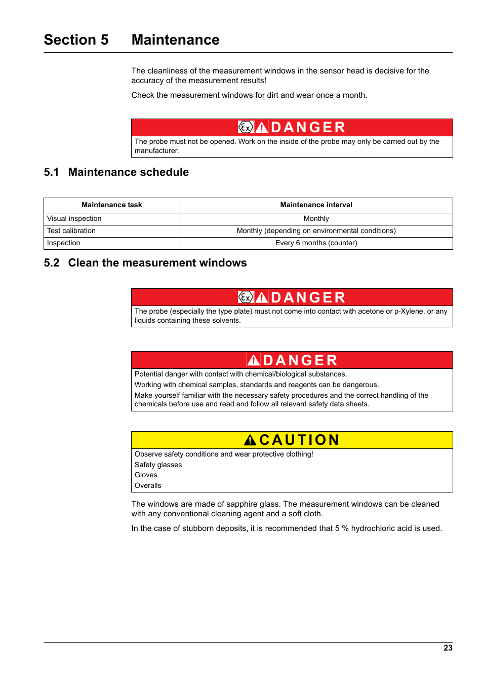 Section 5 maintenance, 1 maintenance schedule, 2 clean the measurement windows | Hach-Lange TSS EX1 sc User Manual | Page 23 / 36