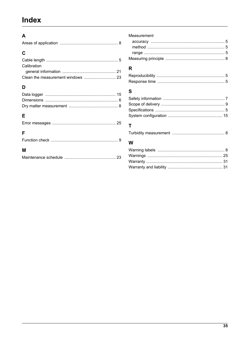 Index | Hach-Lange TSS EX1 sc User Manual | Page 35 / 36