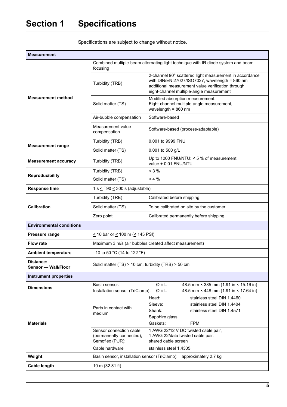 Section 1 specifications | Hach-Lange TSS EX1 sc User Manual | Page 5 / 36