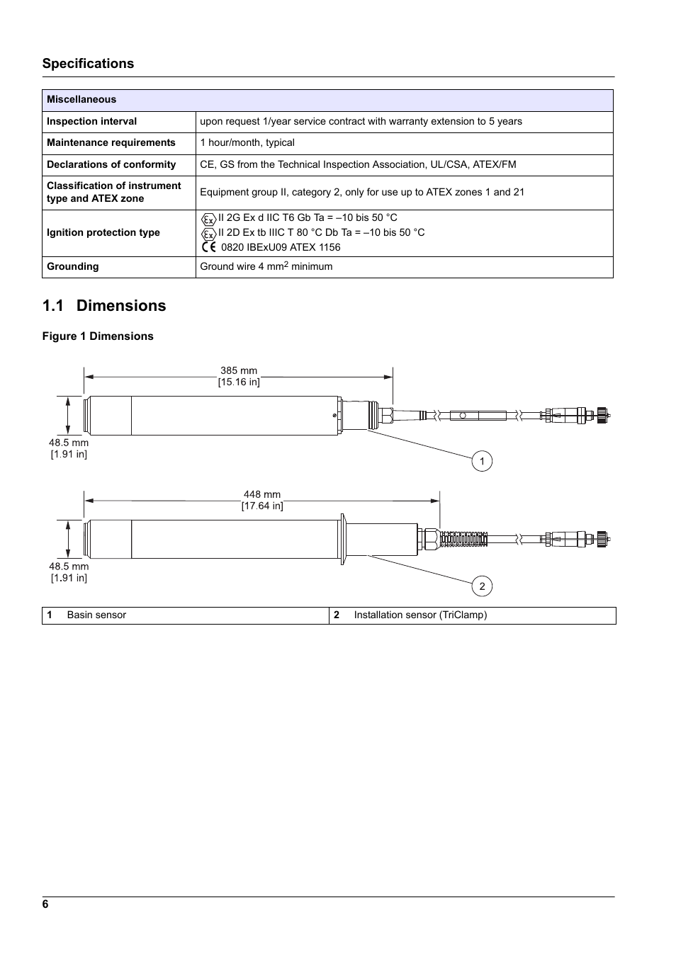 1 dimensions, Specifications | Hach-Lange TSS EX1 sc User Manual | Page 6 / 36