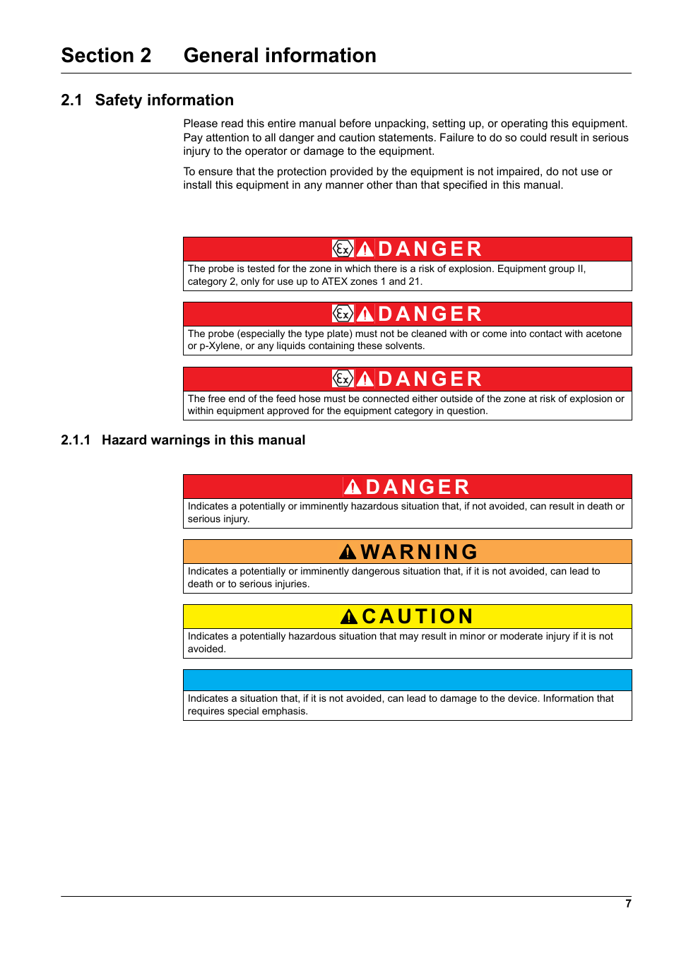 Section 2 general information, 1 safety information, 1 hazard warnings in this manual | Hach-Lange TSS EX1 sc User Manual | Page 7 / 36
