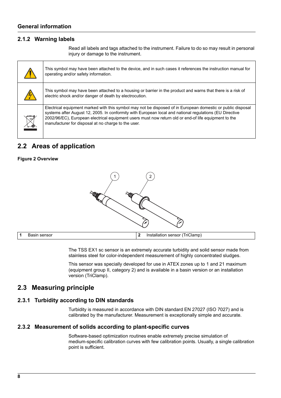 2 warning labels, 2 areas of application, 3 measuring principle | 1 turbidity according to din standards, 2 areas of application 2.3 measuring principle | Hach-Lange TSS EX1 sc User Manual | Page 8 / 36