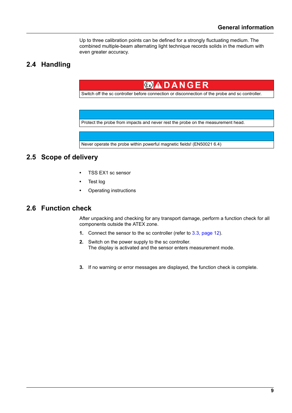 4 handling, 5 scope of delivery, 6 function check | 4 handling 2.5 scope of delivery | Hach-Lange TSS EX1 sc User Manual | Page 9 / 36