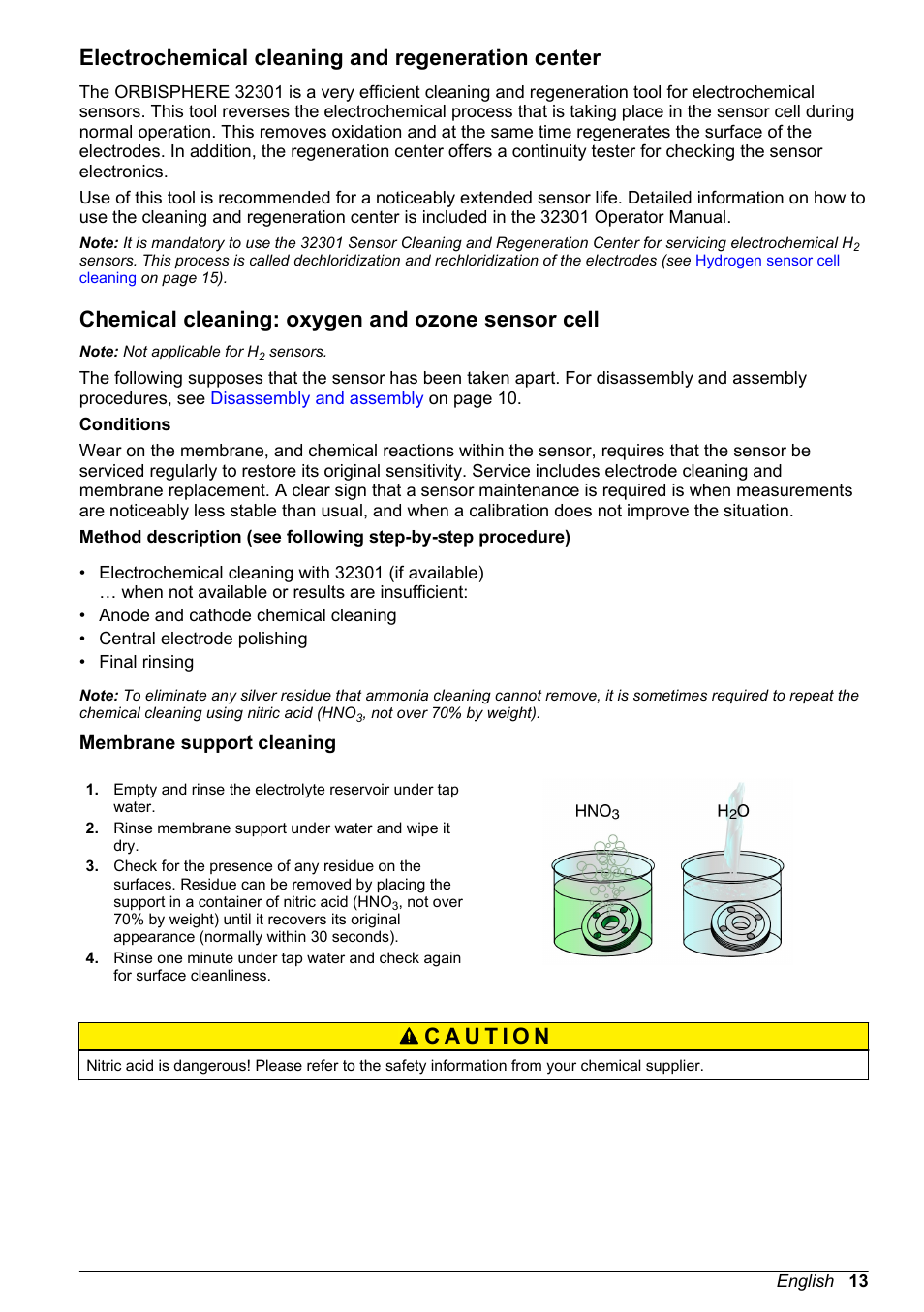 Electrochemical cleaning and regeneration center, Chemical cleaning: oxygen and ozone sensor cell, Membrane support cleaning | Hach-Lange ORBISPHERE 31xxx Basic User Manual User Manual | Page 13 / 102