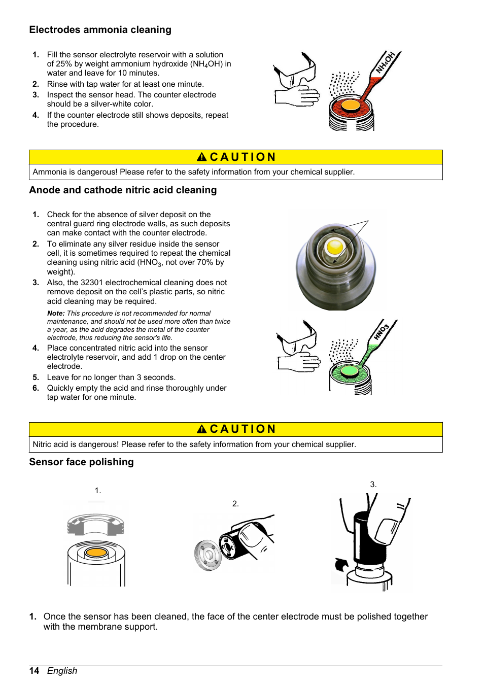 Electrodes ammonia cleaning, Anode and cathode nitric acid cleaning, Sensor face polishing | Hach-Lange ORBISPHERE 31xxx Basic User Manual User Manual | Page 14 / 102