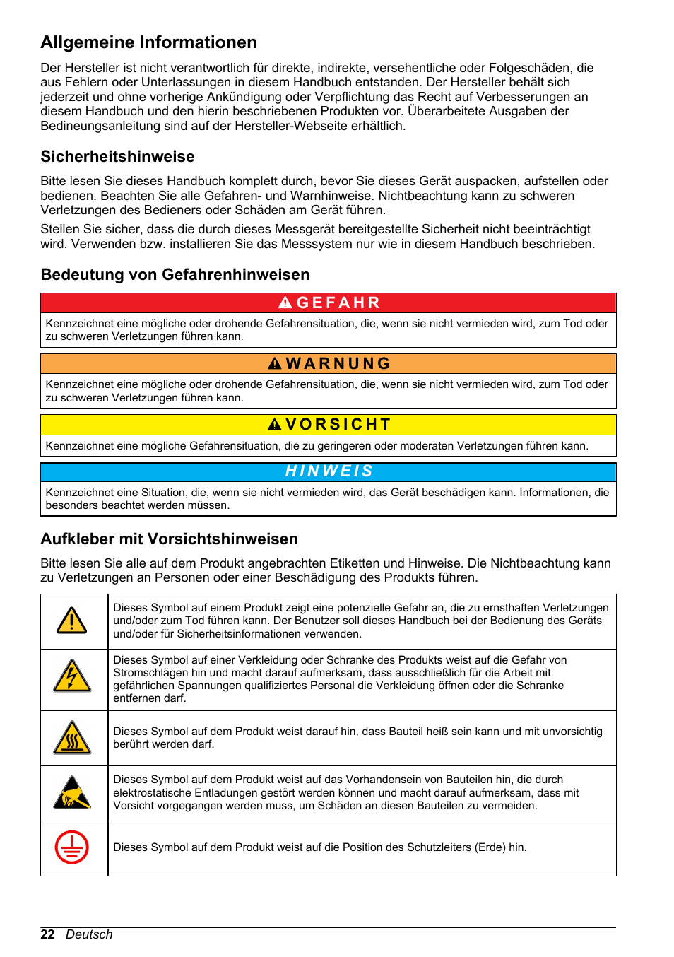 Allgemeine informationen, Sicherheitshinweise, Bedeutung von gefahrenhinweisen | Aufkleber mit vorsichtshinweisen | Hach-Lange ORBISPHERE 31xxx Basic User Manual User Manual | Page 22 / 102