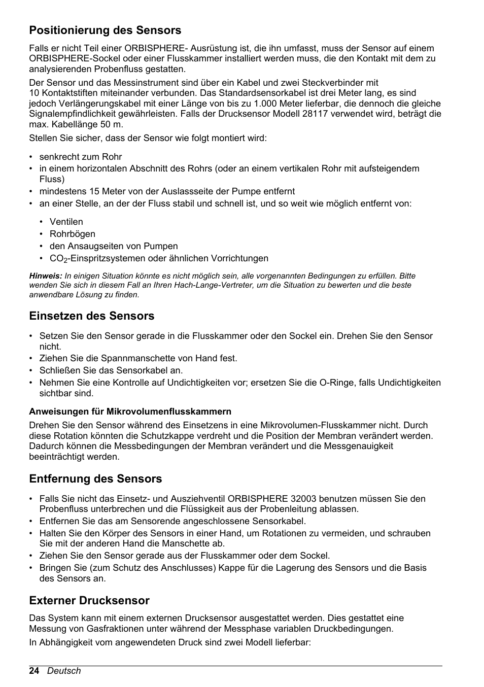 Positionierung des sensors, Einsetzen des sensors, Entfernung des sensors | Externer drucksensor | Hach-Lange ORBISPHERE 31xxx Basic User Manual User Manual | Page 24 / 102