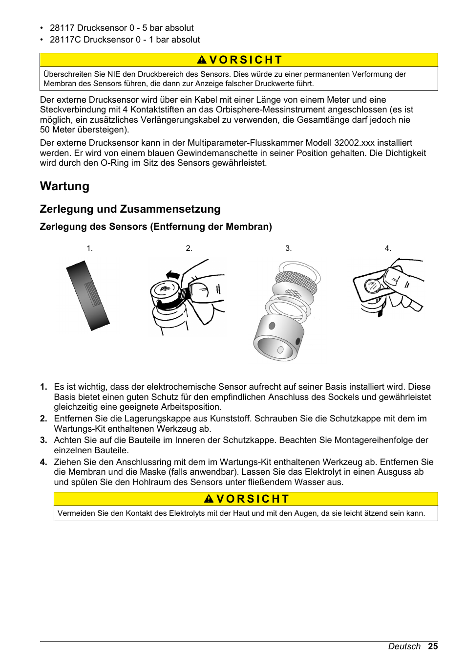 Wartung, Zerlegung und zusammensetzung, Zerlegung des sensors (entfernung der membran) | Hach-Lange ORBISPHERE 31xxx Basic User Manual User Manual | Page 25 / 102