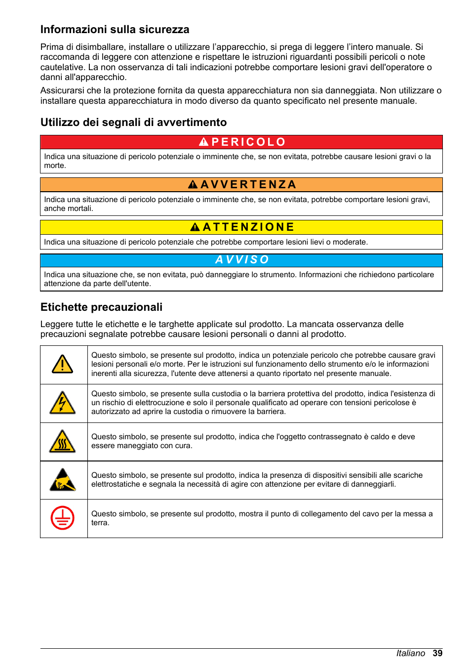 Informazioni sulla sicurezza, Utilizzo dei segnali di avvertimento, Etichette precauzionali | Hach-Lange ORBISPHERE 31xxx Basic User Manual User Manual | Page 39 / 102