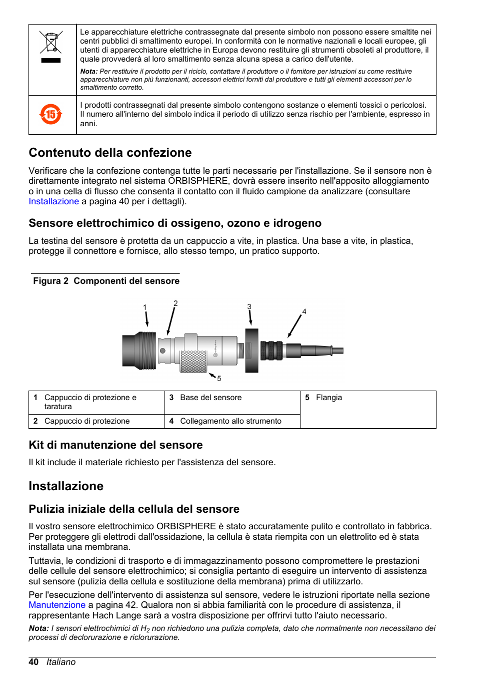 Contenuto della confezione, Kit di manutenzione del sensore, Installazione | Pulizia iniziale della cellula del sensore | Hach-Lange ORBISPHERE 31xxx Basic User Manual User Manual | Page 40 / 102