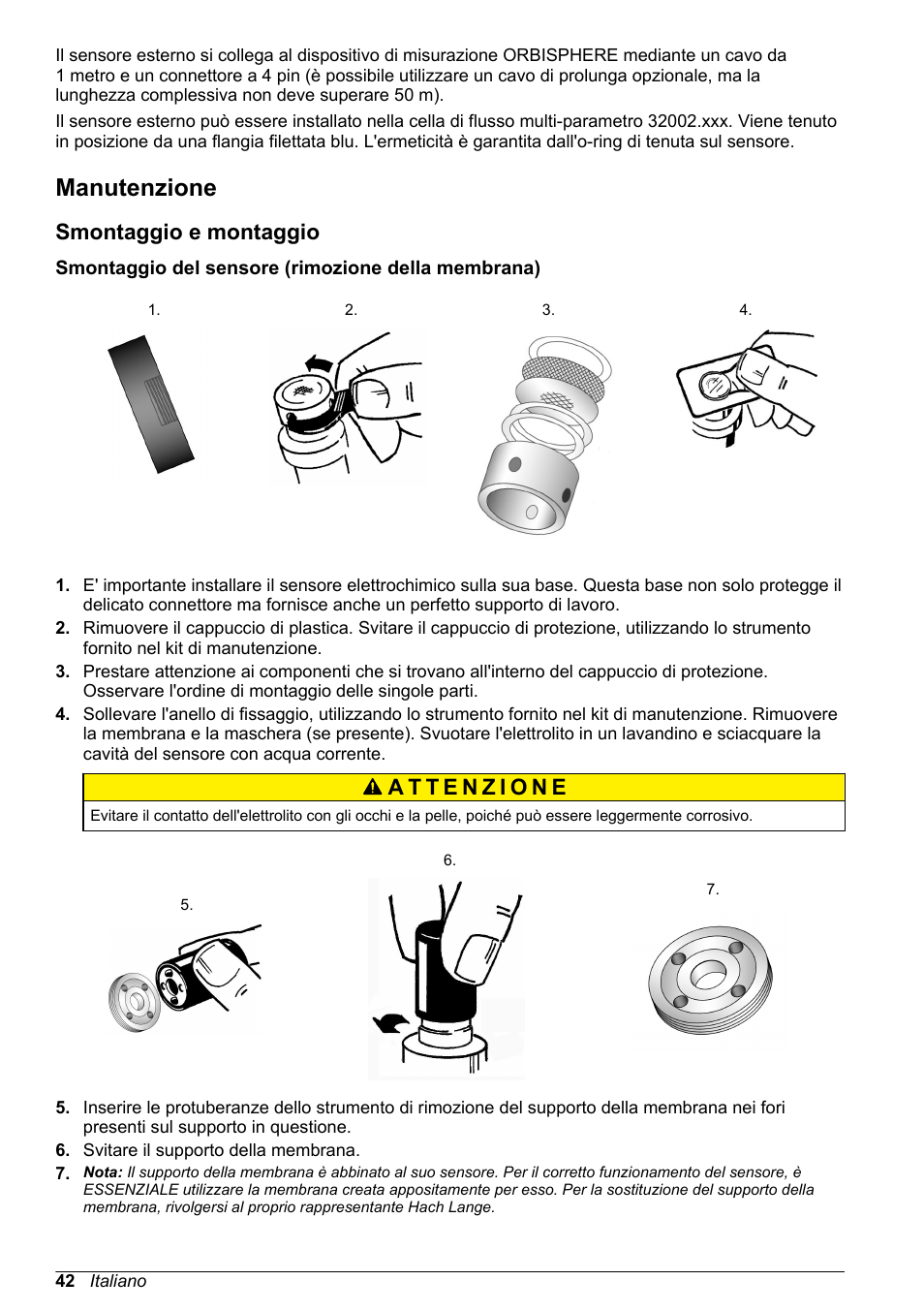 Manutenzione, Smontaggio e montaggio, Smontaggio del sensore (rimozione della membrana) | Hach-Lange ORBISPHERE 31xxx Basic User Manual User Manual | Page 42 / 102