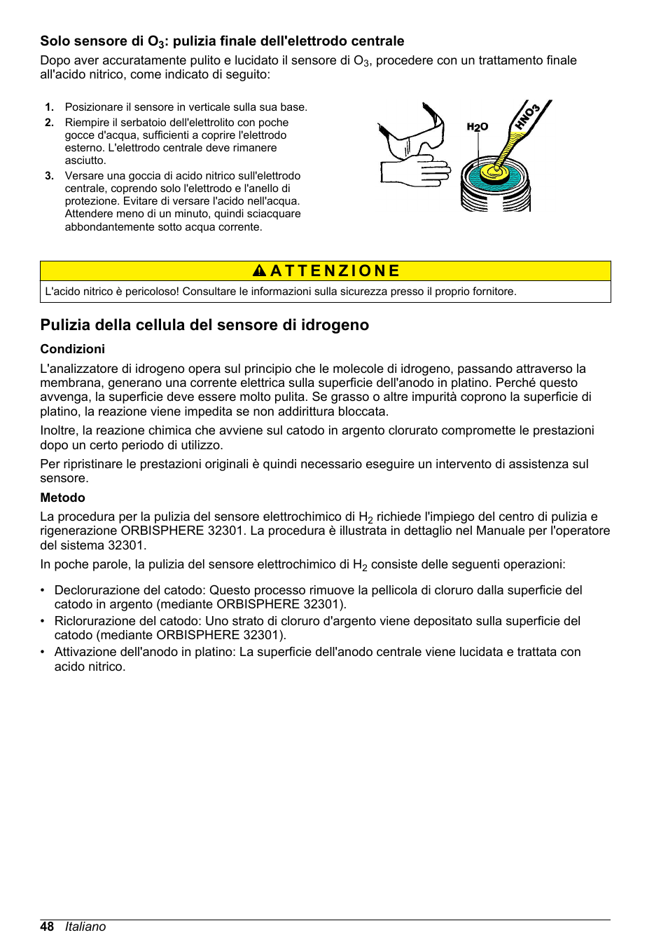 Pulizia della cellula del sensore di idrogeno, Pulizia della cellula del sensore di, Idrogeno | Hach-Lange ORBISPHERE 31xxx Basic User Manual User Manual | Page 48 / 102