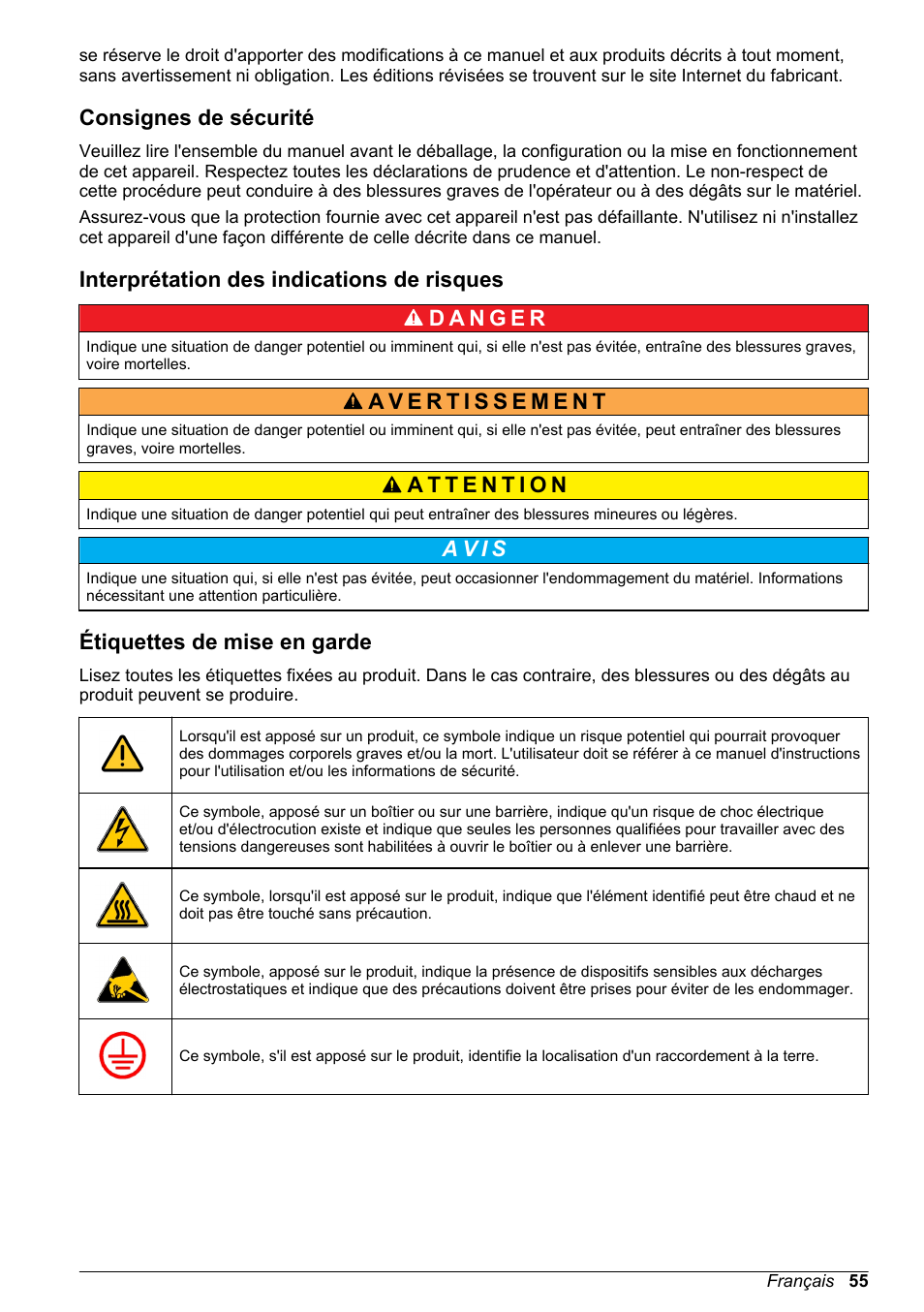 Consignes de sécurité, Interprétation des indications de risques, Étiquettes de mise en garde | A v i s | Hach-Lange ORBISPHERE 31xxx Basic User Manual User Manual | Page 55 / 102