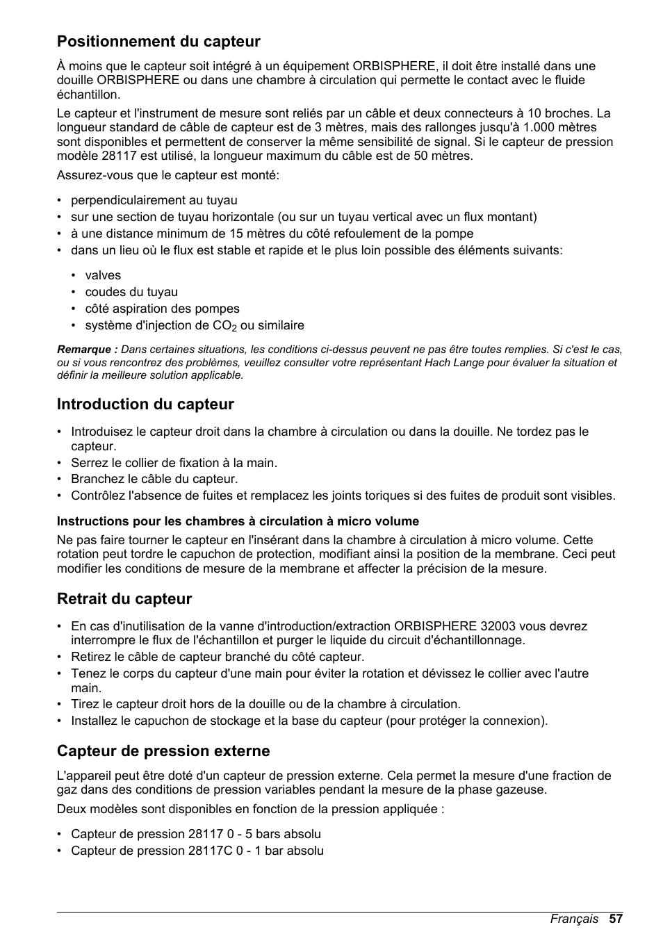 Positionnement du capteur, Introduction du capteur, Retrait du capteur | Capteur de pression externe | Hach-Lange ORBISPHERE 31xxx Basic User Manual User Manual | Page 57 / 102