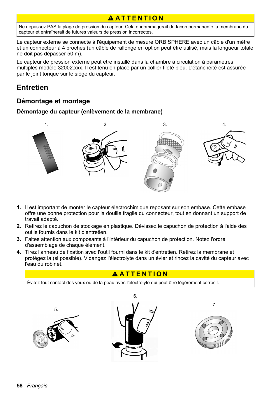 Entretien, Démontage et montage, Démontage du capteur (enlèvement de la membrane) | Hach-Lange ORBISPHERE 31xxx Basic User Manual User Manual | Page 58 / 102