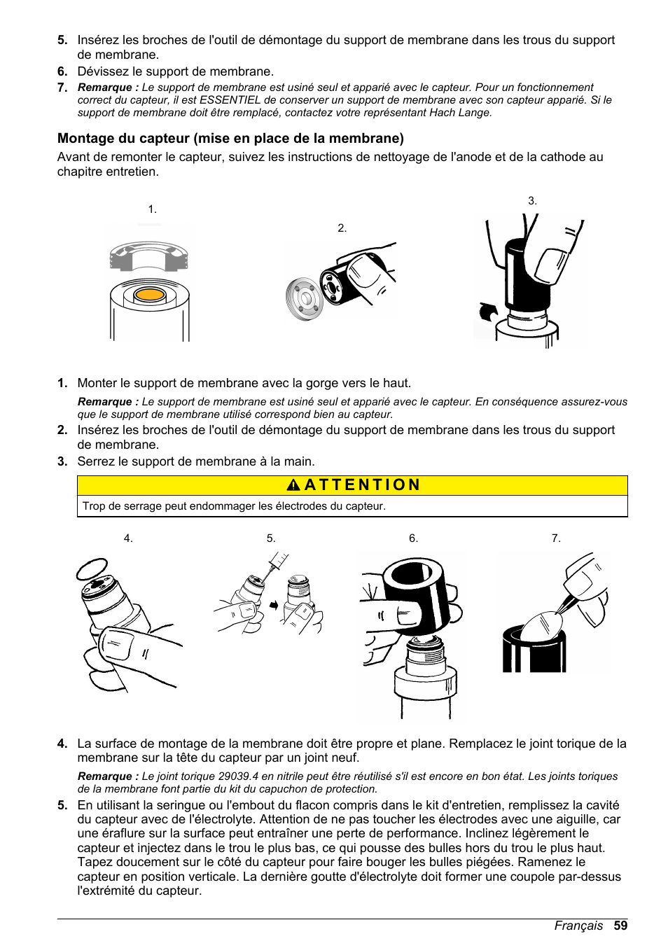 Montage du capteur (mise en place de la membrane) | Hach-Lange ORBISPHERE 31xxx Basic User Manual User Manual | Page 59 / 102