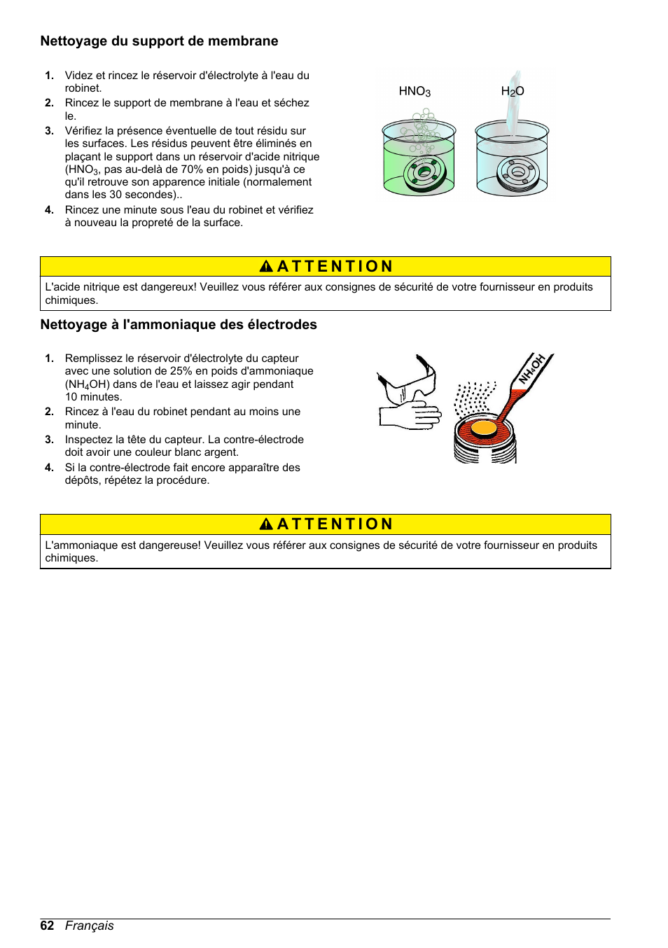 Nettoyage du support de membrane, Nettoyage à l'ammoniaque des électrodes | Hach-Lange ORBISPHERE 31xxx Basic User Manual User Manual | Page 62 / 102