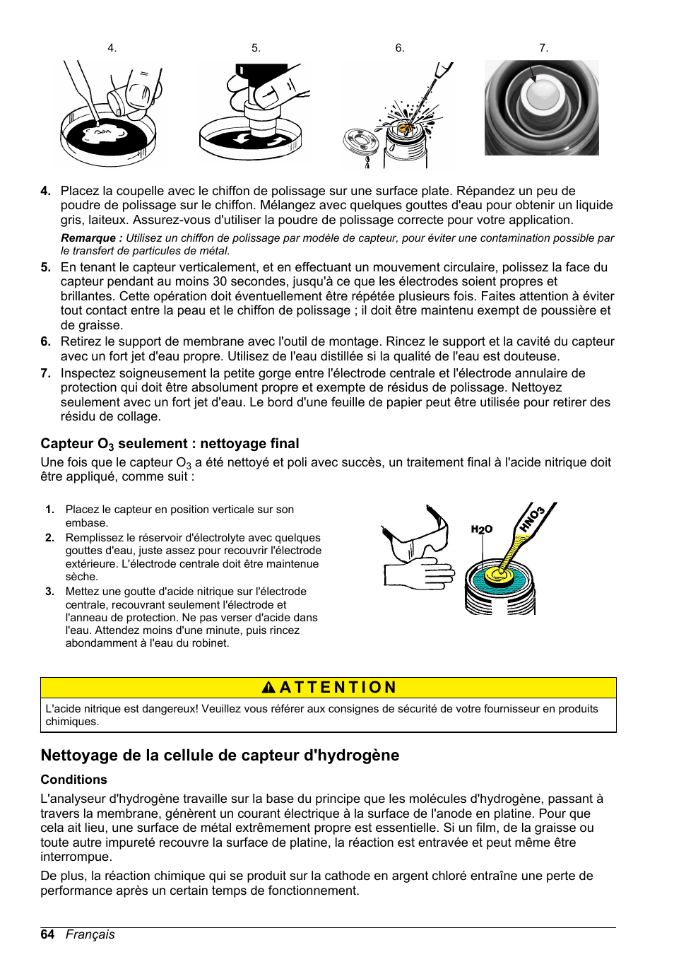 Capteur o3 seulement : nettoyage final, Nettoyage de la cellule de capteur d'hydrogène | Hach-Lange ORBISPHERE 31xxx Basic User Manual User Manual | Page 64 / 102