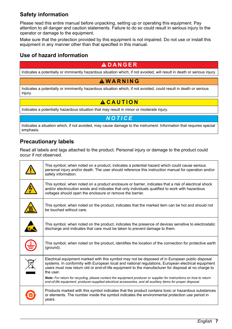 Safety information, Use of hazard information, Precautionary labels | Hach-Lange ORBISPHERE 31xxx Basic User Manual User Manual | Page 7 / 102