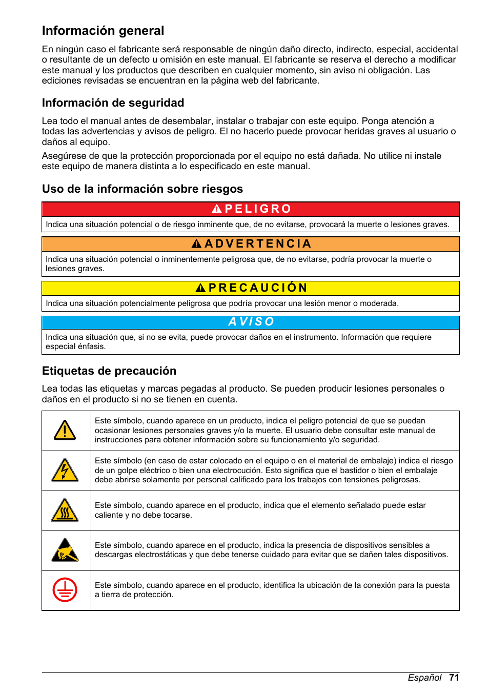 Información general, Información de seguridad, Uso de la información sobre riesgos | Etiquetas de precaución | Hach-Lange ORBISPHERE 31xxx Basic User Manual User Manual | Page 71 / 102