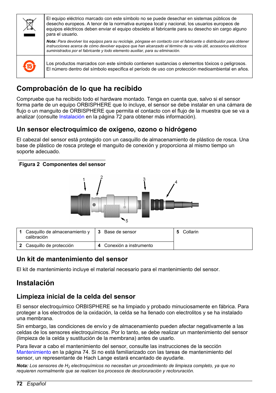 Comprobación de lo que ha recibido, Un kit de mantenimiento del sensor, Instalación | Limpieza inicial de la celda del sensor | Hach-Lange ORBISPHERE 31xxx Basic User Manual User Manual | Page 72 / 102