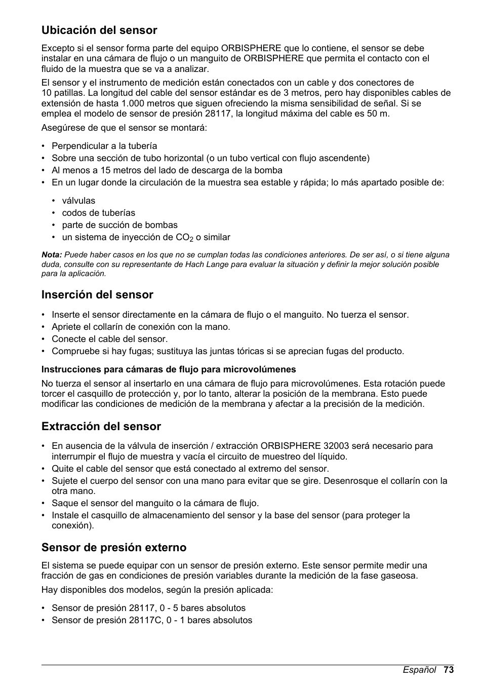 Ubicación del sensor, Inserción del sensor, Extracción del sensor | Sensor de presión externo | Hach-Lange ORBISPHERE 31xxx Basic User Manual User Manual | Page 73 / 102