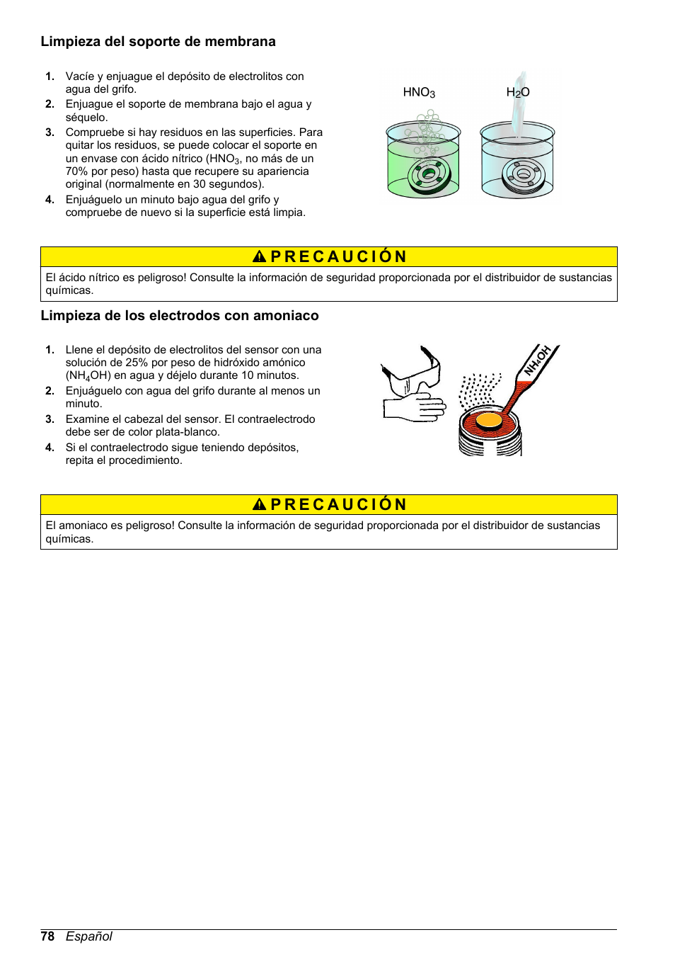 Limpieza del soporte de membrana, Limpieza de los electrodos con amoniaco | Hach-Lange ORBISPHERE 31xxx Basic User Manual User Manual | Page 78 / 102