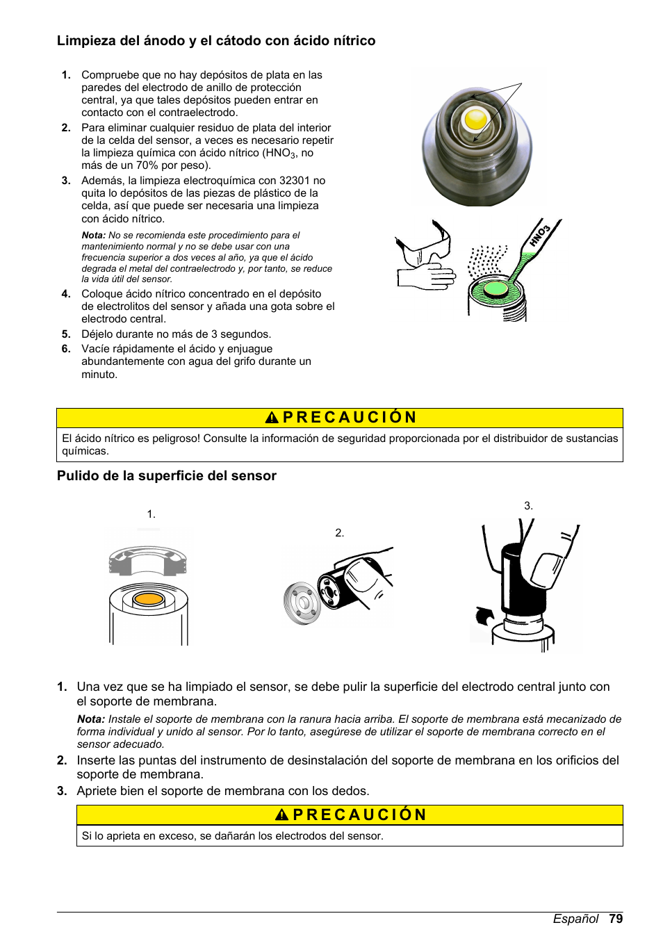 Limpieza del ánodo y el cátodo con ácido nítrico, Pulido de la superficie del sensor | Hach-Lange ORBISPHERE 31xxx Basic User Manual User Manual | Page 79 / 102