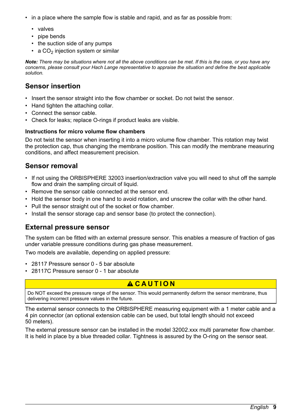 Sensor insertion, Sensor removal, External pressure sensor | Hach-Lange ORBISPHERE 31xxx Basic User Manual User Manual | Page 9 / 102