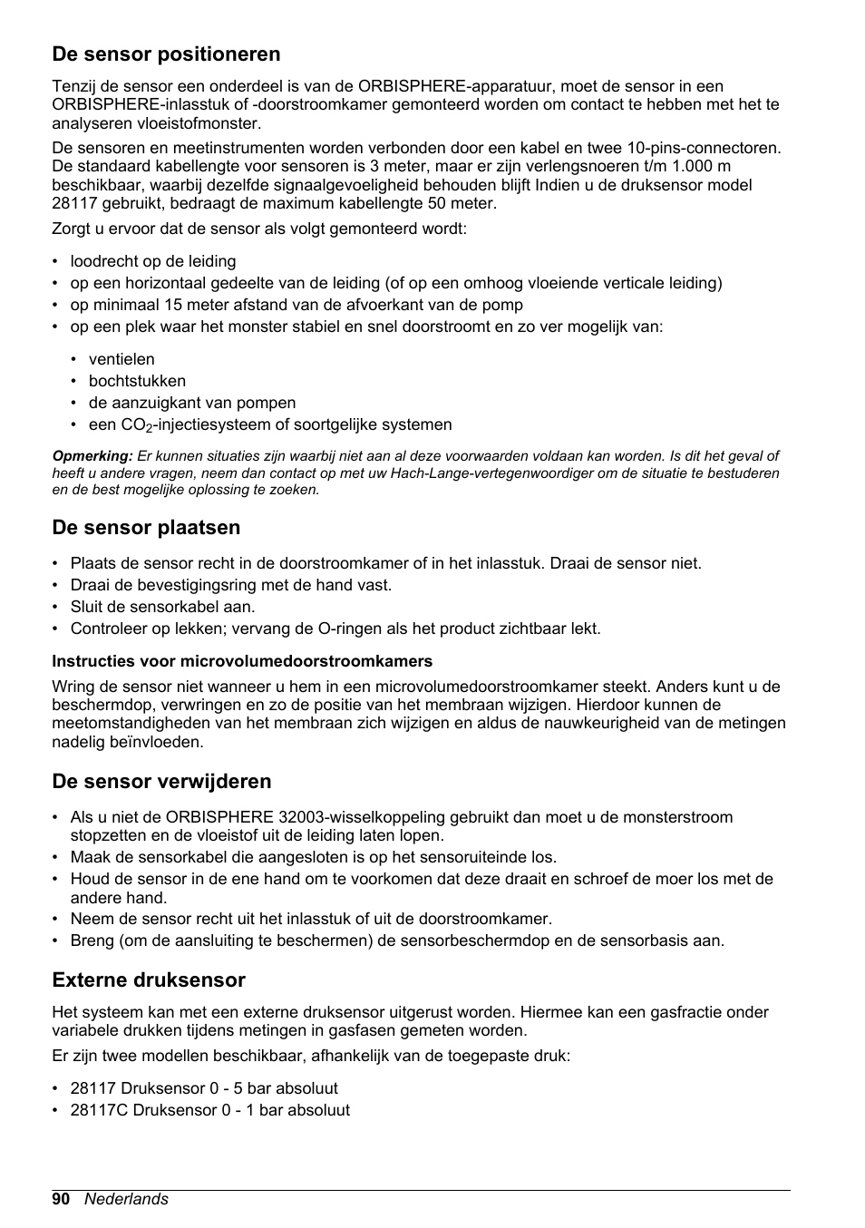 De sensor positioneren, De sensor plaatsen, De sensor verwijderen | Externe druksensor | Hach-Lange ORBISPHERE 31xxx Basic User Manual User Manual | Page 90 / 102