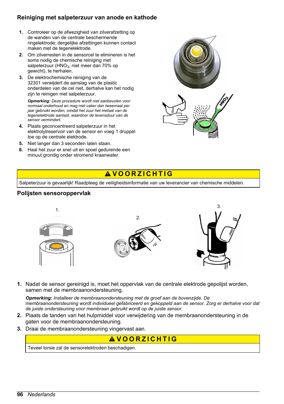 Reiniging met salpeterzuur van anode en kathode, Polijsten sensoroppervlak | Hach-Lange ORBISPHERE 31xxx Basic User Manual User Manual | Page 96 / 102