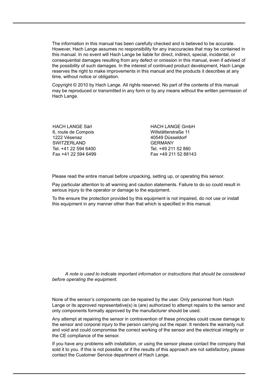 Section 1 general information, 1 disclaimer, 2 contact information | 3 safety information, 1 use of hazard information, 2 service and repairs, 2 contact information 1.3 safety information | Hach-Lange ORBISPHERE 31xxx Installation and Maintenance User Manual | Page 5 / 46
