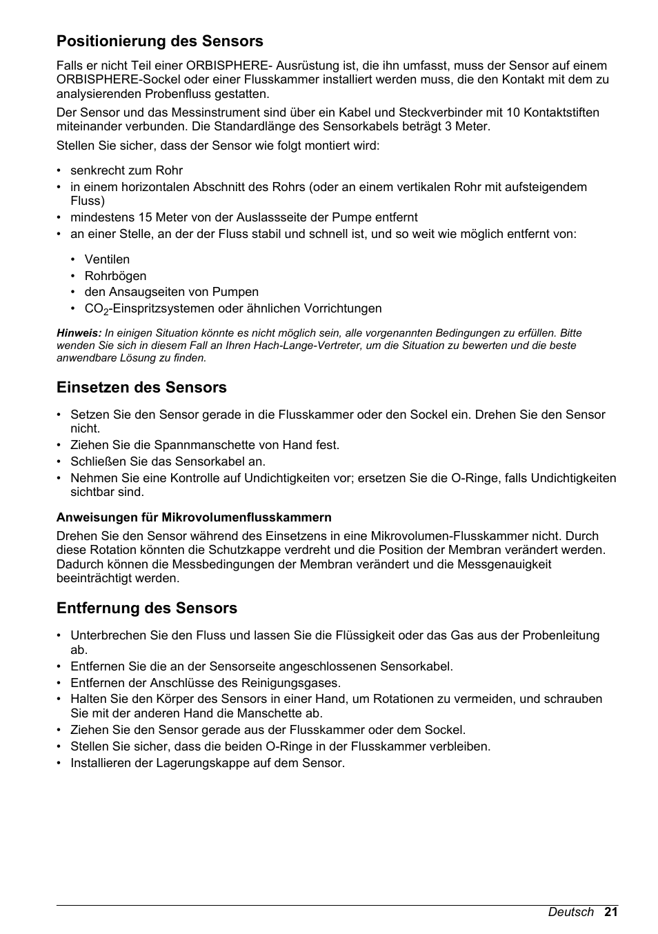 Positionierung des sensors, Einsetzen des sensors, Entfernung des sensors | Hach-Lange ORBISPHERE 31xxx Thermal Basic User Manual User Manual | Page 21 / 92