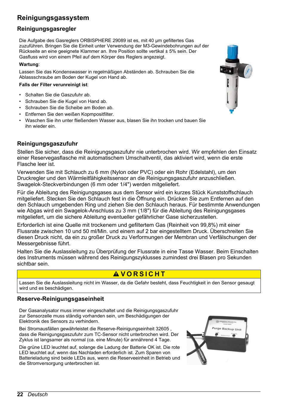 Reinigungsgassystem, Reinigungsgasregler, Reinigungsgaszufuhr | Reserve-reinigungsgaseinheit, Reserve, Reinigungsgaseinheit, Auf seite 22 | Hach-Lange ORBISPHERE 31xxx Thermal Basic User Manual User Manual | Page 22 / 92