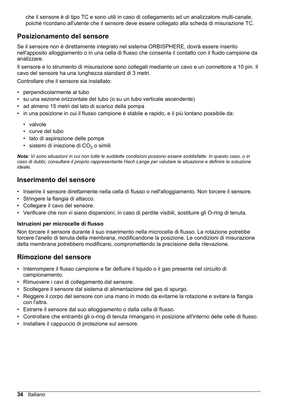 Posizionamento del sensore, Inserimento del sensore, Rimozione del sensore | Hach-Lange ORBISPHERE 31xxx Thermal Basic User Manual User Manual | Page 34 / 92