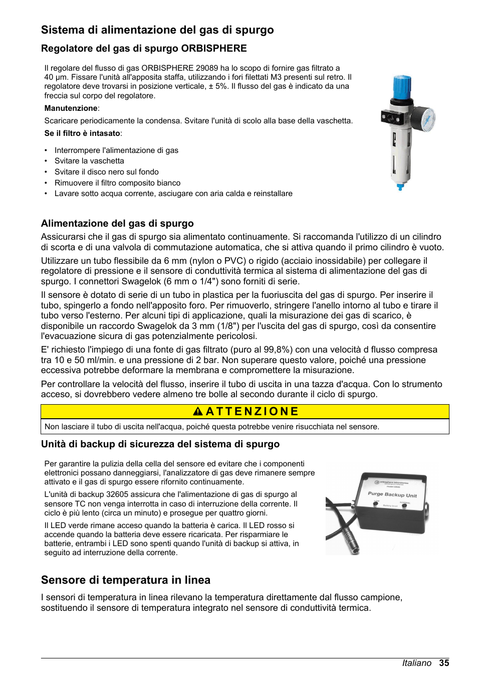 Sistema di alimentazione del gas di spurgo, Regolatore del gas di spurgo orbisphere, Alimentazione del gas di spurgo | Unità di backup di sicurezza del sistema di spurgo, Sensore di temperatura in linea | Hach-Lange ORBISPHERE 31xxx Thermal Basic User Manual User Manual | Page 35 / 92