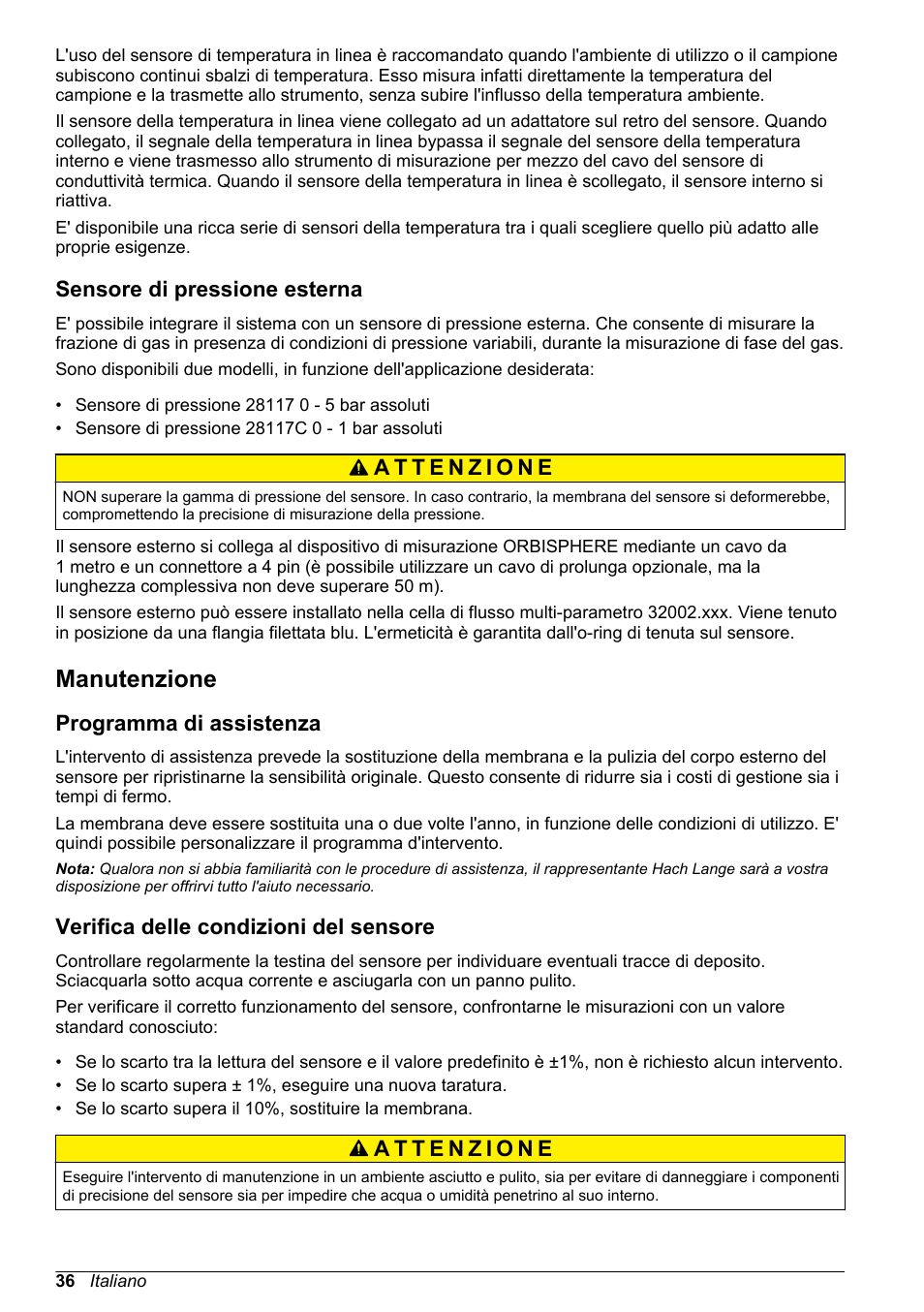 Sensore di pressione esterna, Manutenzione, Programma di assistenza | Verifica delle condizioni del sensore | Hach-Lange ORBISPHERE 31xxx Thermal Basic User Manual User Manual | Page 36 / 92