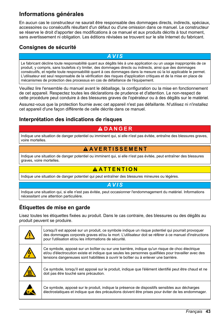 Informations générales, Consignes de sécurité, Interprétation des indications de risques | Étiquettes de mise en garde, A v i s | Hach-Lange ORBISPHERE 31xxx Thermal Basic User Manual User Manual | Page 43 / 92