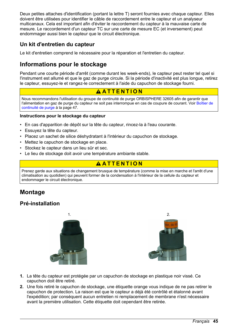 Un kit d'entretien du capteur, Informations pour le stockage, Montage | Pré-installation | Hach-Lange ORBISPHERE 31xxx Thermal Basic User Manual User Manual | Page 45 / 92