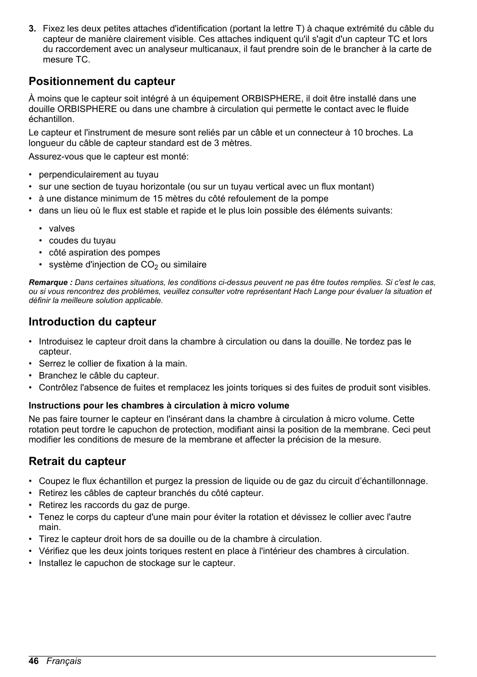 Positionnement du capteur, Introduction du capteur, Retrait du capteur | Hach-Lange ORBISPHERE 31xxx Thermal Basic User Manual User Manual | Page 46 / 92