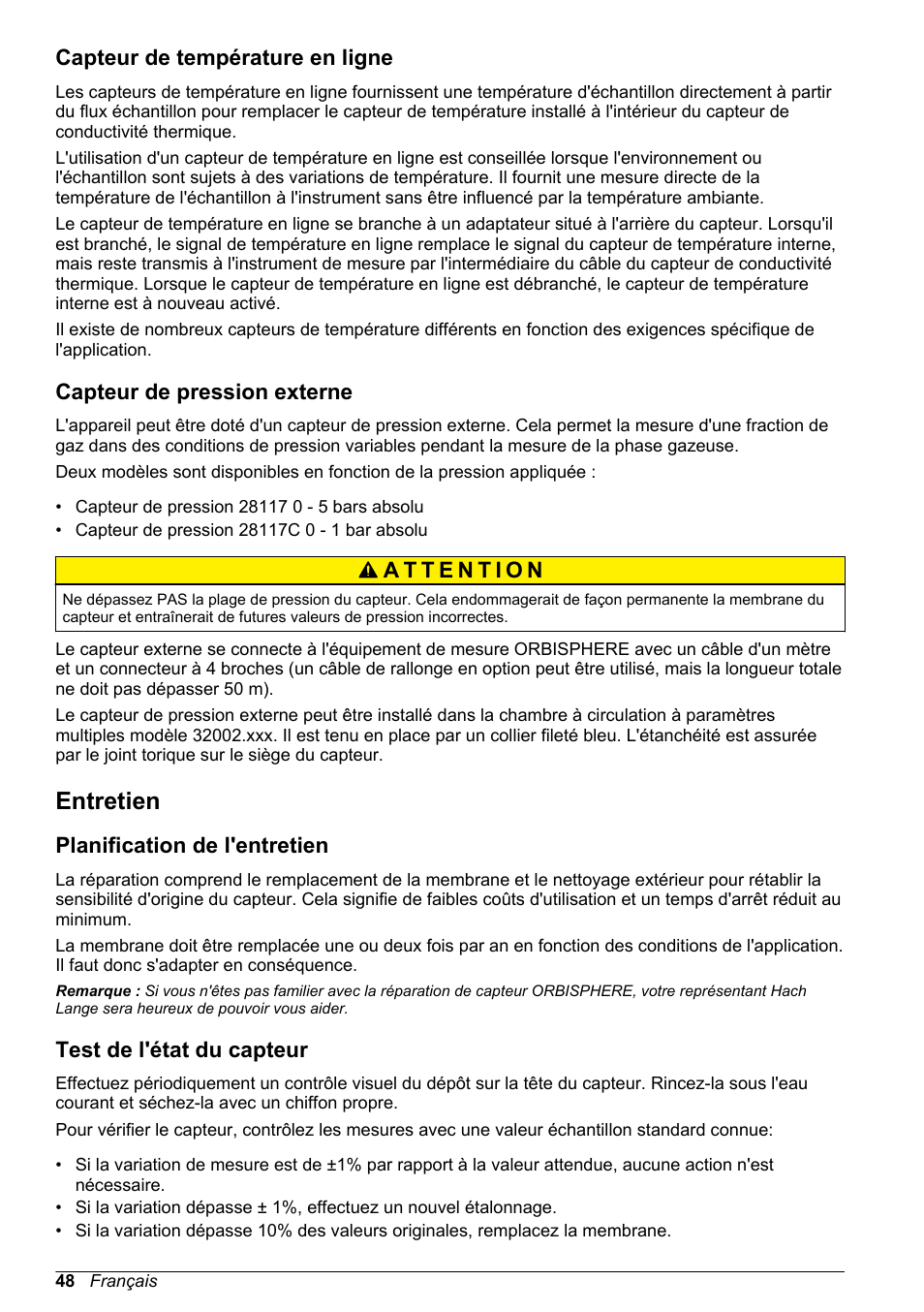 Capteur de température en ligne, Capteur de pression externe, Entretien | Planification de l'entretien, Test de l'état du capteur | Hach-Lange ORBISPHERE 31xxx Thermal Basic User Manual User Manual | Page 48 / 92