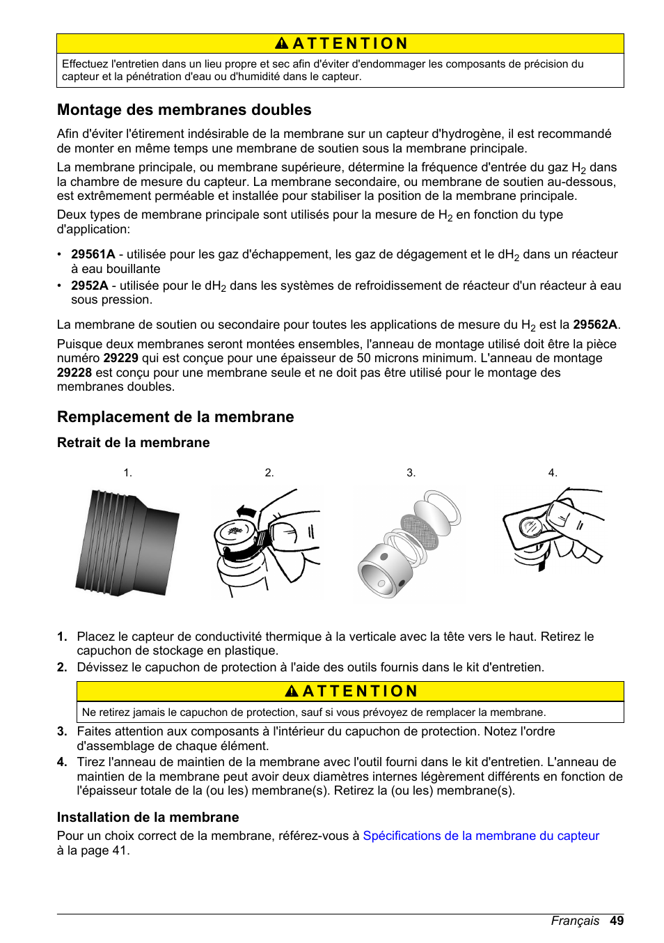 Montage des membranes doubles, Remplacement de la membrane, Retrait de la membrane | Installation de la membrane | Hach-Lange ORBISPHERE 31xxx Thermal Basic User Manual User Manual | Page 49 / 92
