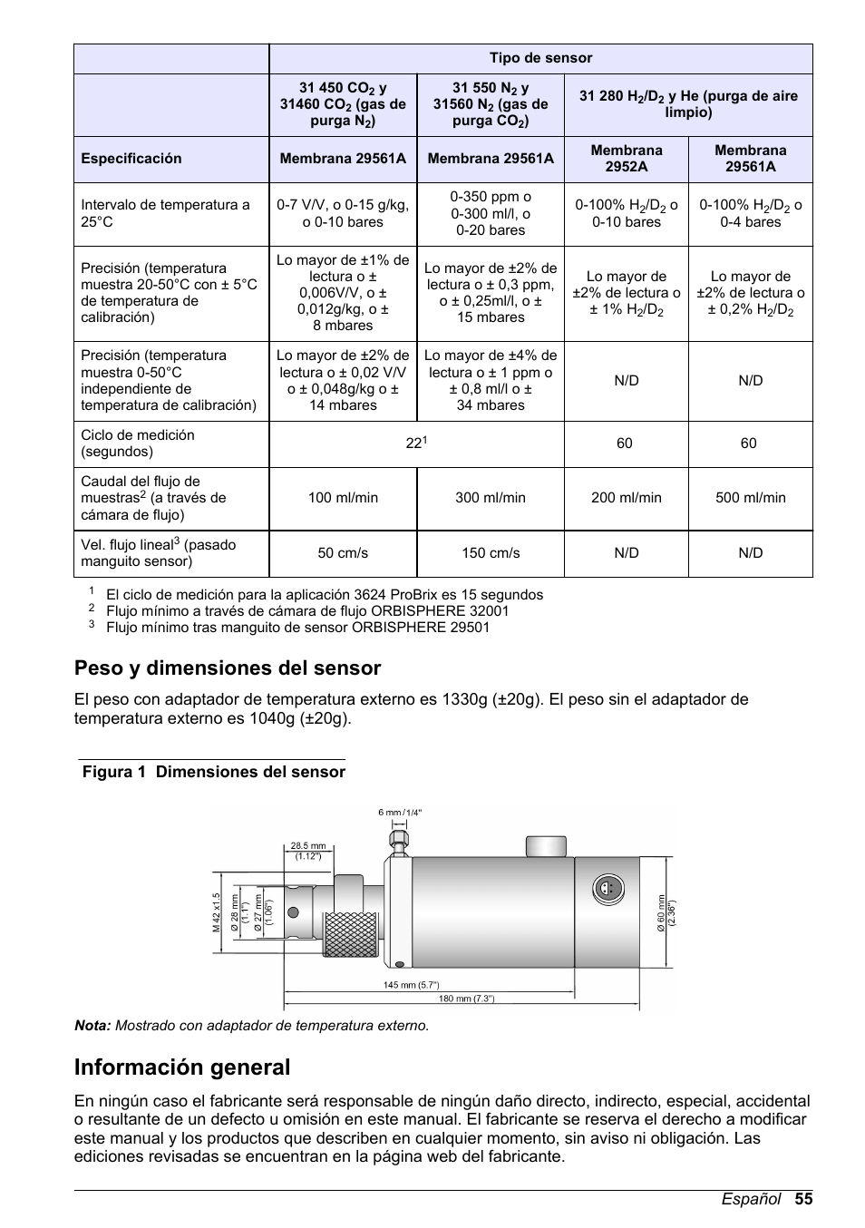 Peso y dimensiones del sensor, Información general | Hach-Lange ORBISPHERE 31xxx Thermal Basic User Manual User Manual | Page 55 / 92