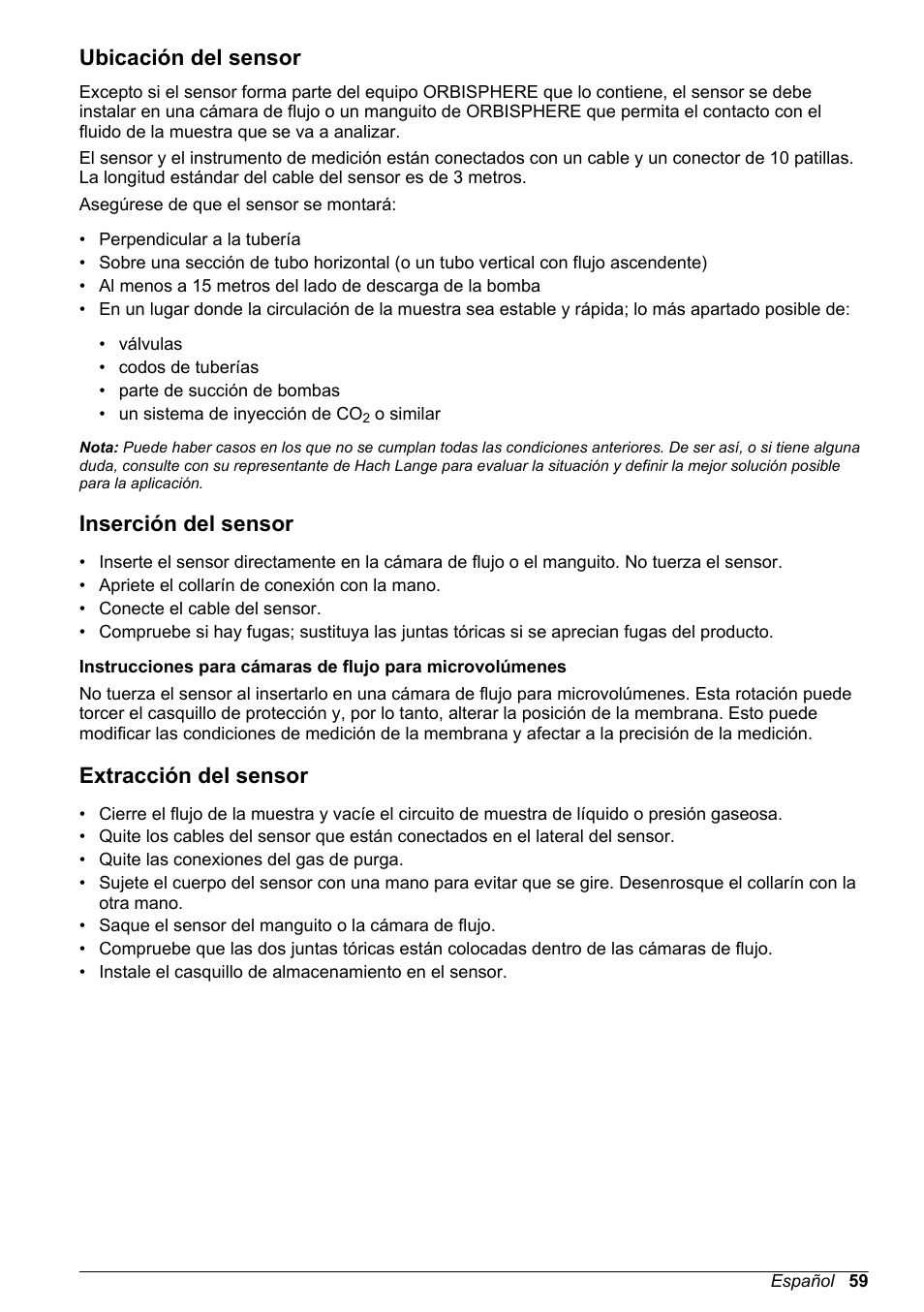 Ubicación del sensor, Inserción del sensor, Extracción del sensor | Hach-Lange ORBISPHERE 31xxx Thermal Basic User Manual User Manual | Page 59 / 92