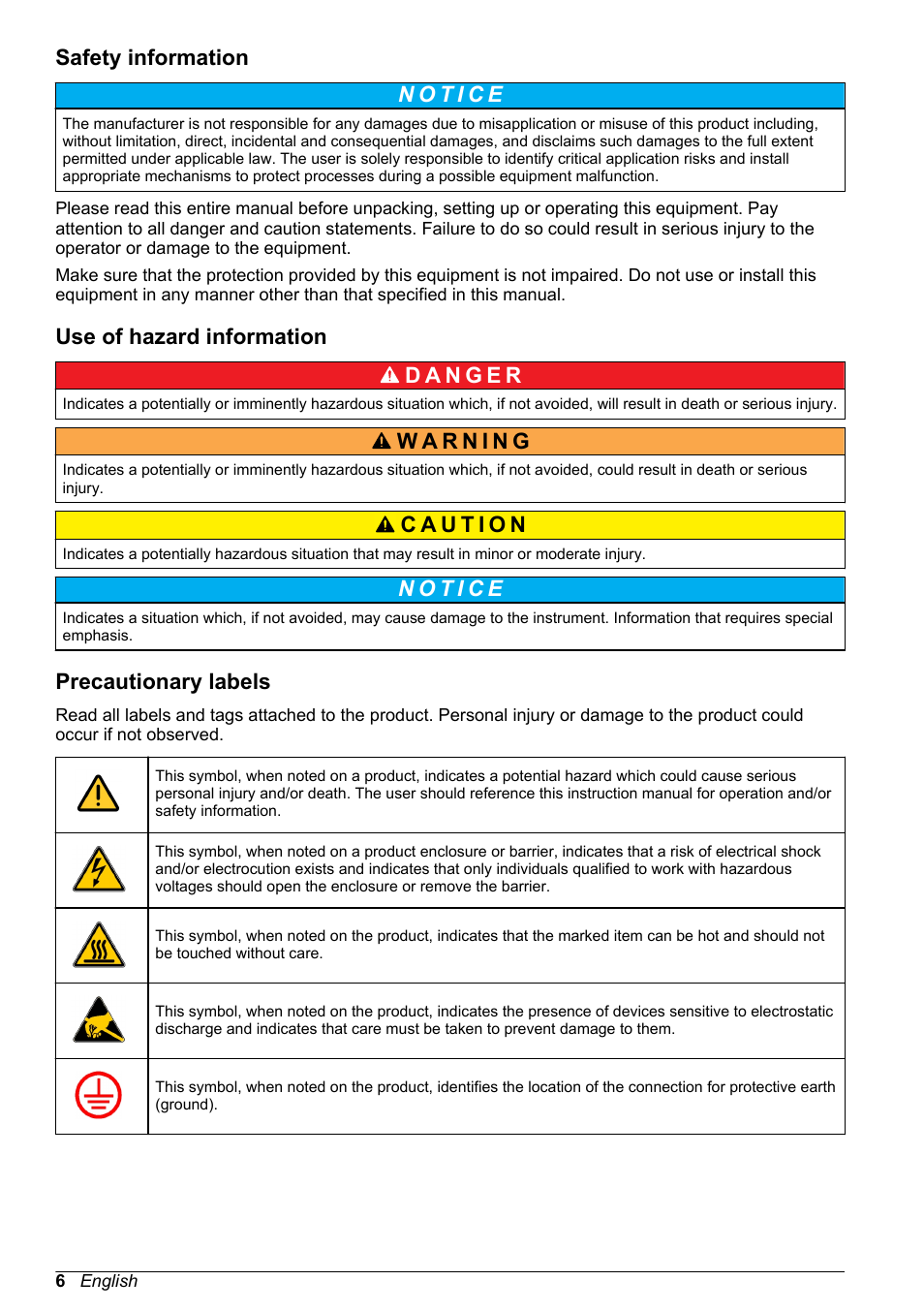 Safety information, Use of hazard information, Precautionary labels | Hach-Lange ORBISPHERE 31xxx Thermal Basic User Manual User Manual | Page 6 / 92